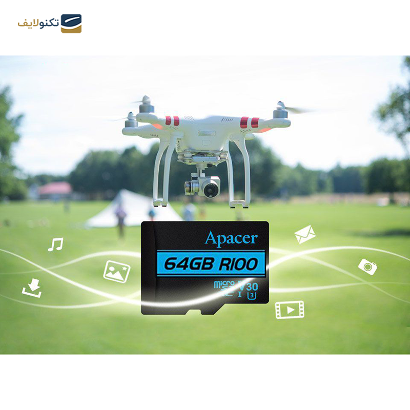 کارت حافظه microSDXC اپیسر مدل V30 کلاس 10 استاندارد UHS-I U3 سرعت 100MBps ظرفیت 64 گیگابایت به همراه آداپتور SD - Apacer V30 microSDXC UHS-I U3 Memory Card - 64GB